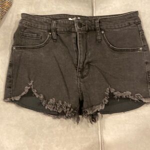 Distressed black denim shorts